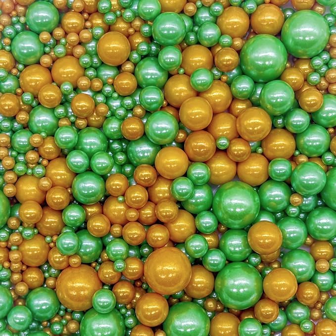 St. Patricks Day Edible Dark Green & Gold Sugar Pearls Sprinkles Candy Mix Size Pearls Cake Decorations Cupcake Toppers Decorating Perfect for Wedding Party Valentine 4.58OZ