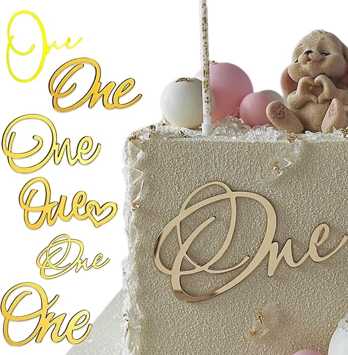 6Pcs One Cake Topper,1st Birthday Cupcake Topper,Gold Acrylic Cake Topper Cupcake Toppers,Number 1 Cake Decor Suitable for Girl Boy 1st Birthday Party