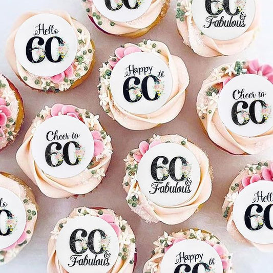 40Pcs Edible Circle Happy 60th Birthday Cupcake Toppers Edible Floral Hello 60 Fabulous Cheers to 60 Cupcake Picks Drink Toppers for Funny Female Floral 60th Birthday Party Decorations
