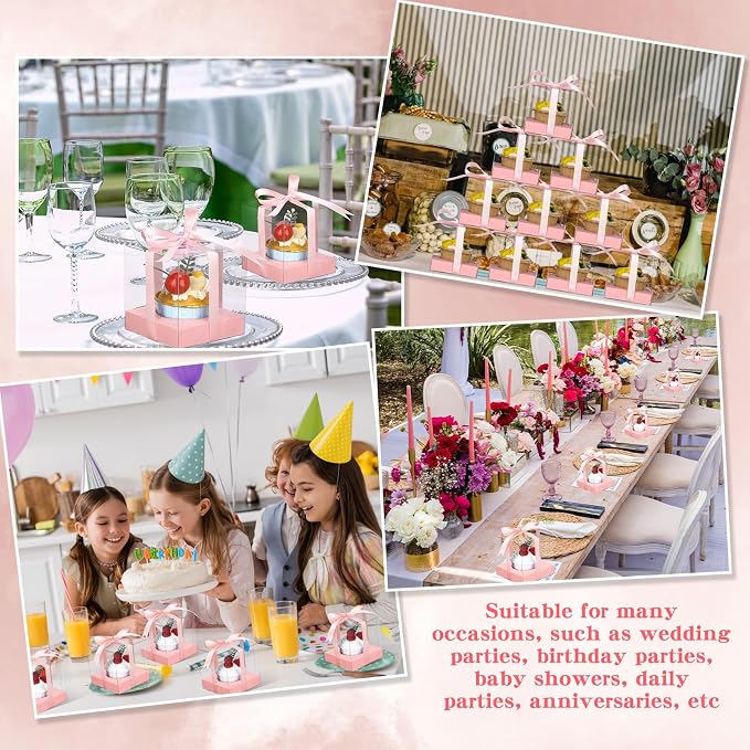 Thenshop 50 Pcs Clear Cupcake Boxes Individual 3.5 Inch Plastic Single Cupcake Containers Boxes with Inserts and Ribbon Individual Cake Storage Holders for Cake Kitchen(Pink)