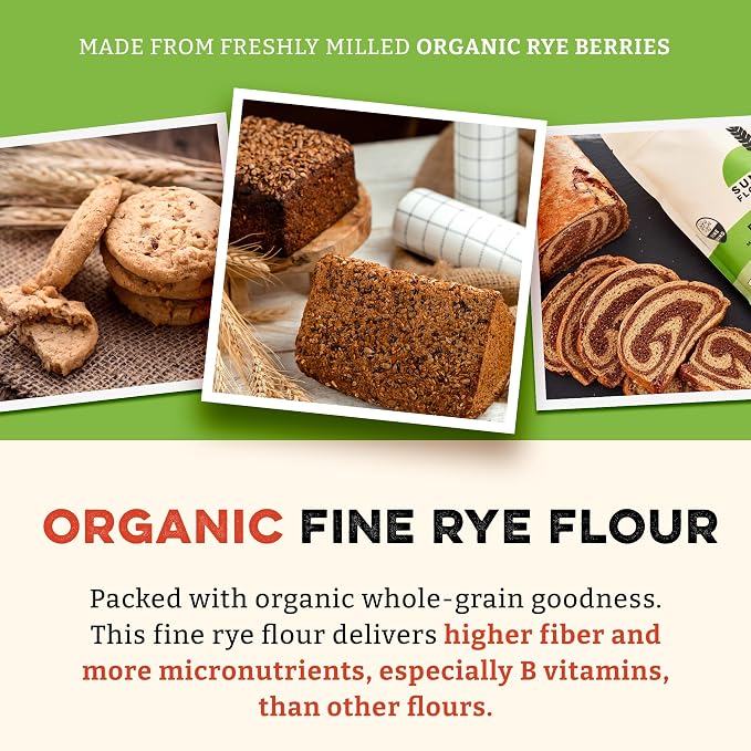 Sunrise Flour Mill Organic Fine Rye Flour | 2 LB | Rye Flour Organic | Whole Grain Bread Flour for Sourdough | No Artificial Ingredients | Non-Aluminum Baking Powder
