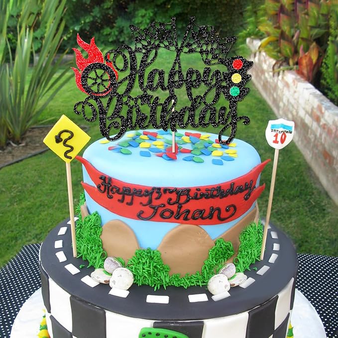 MEMOVAN Race Car Happy Birthday Cake Topper Car Birthday Cake Topper Glitter Checkered Flag Cake Decoration Racing Car Cake Pick with Traffic Light Trophy Wheel for Boy Girl Man Racing Car Theme Party
