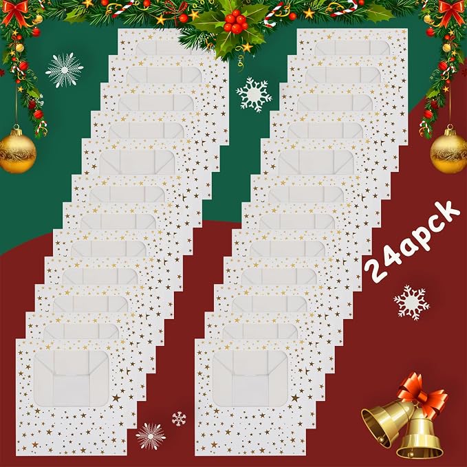 YEKTFS 24Pcs Christmas Cookie Boxes with Window - Gold Foil Star Pastry Boxes for Gift Giving, Bakery Boxes, White Christmas Cookie Tins with Lids,Dessert, Donut, Baked Goods Packaging