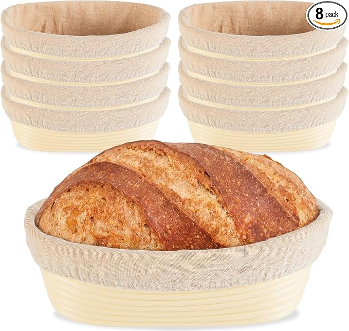 8 Pack Banneton Bread Proofing Basket 10 Inch Oval Rattan Banneton Baskets with Linen Liner Cloth Sourdough Basket Dough Proofing Basket for Professional & Home Sourdough Bread Baking