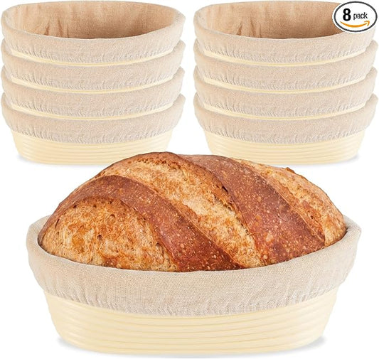 8 Pack Banneton Bread Proofing Basket 10 Inch Oval Rattan Banneton Baskets with Linen Liner Cloth Sourdough Basket Dough Proofing Basket for Professional & Home Sourdough Bread Baking