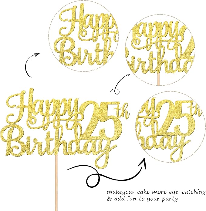 1 PCS Happy 25th Birthday Cake Topper Gold Glitter Cheers to 25 Years Birthday Cake Pick 25 Fabulous Cake Decoration for Happy 25th Birthday Theme Party Decorations Supplies