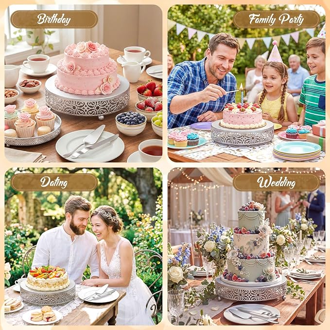 Wenqik 14 Inch Cake Stand Round Metal Cupcake Dessert Wedding Cake Stand Cookies Display Holder Fruit Food Serving Tray for Table Wedding Birthday Anniversary Party Decor (Silver)