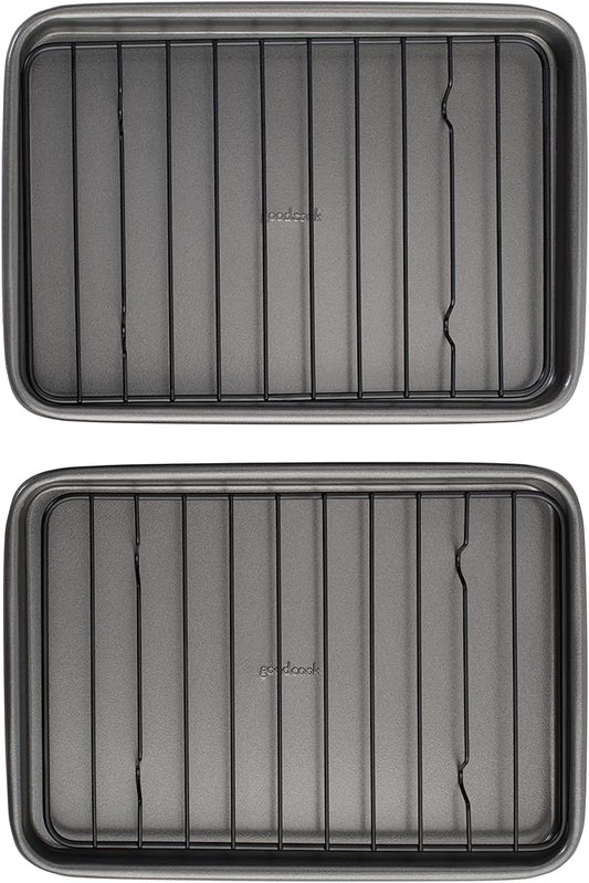 GoodCook Set of 2 Nonstick Steel 9" x 6" Toaster Oven Mini Baking Sheets with Racks, Gray