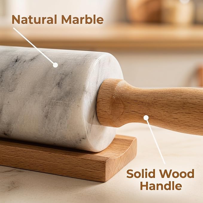 White Marble Rolling Pin for Baking 10inch Barrel，Dough Roller | With Wooden Handles & Wood Cradle, Non-Stick Dough Roller for Pizza, Pasta, Fondant, Pie Crust, Pastry & Cookies
