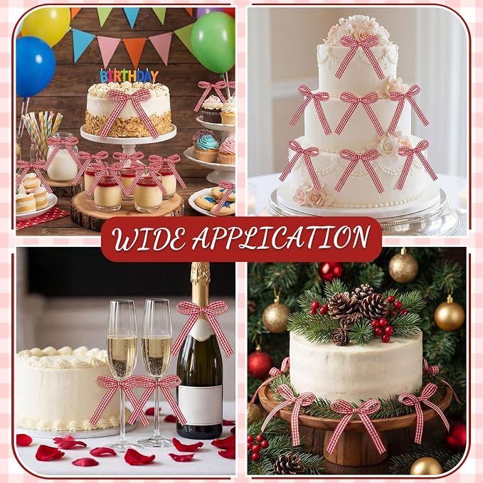 30 PCS Red Gingham Bows for Cake Ribbon Bow Cake Toppers Bow Cupcake Topper for Birthday Wedding Bachelorette Baby Shower 4th of July Decoratings Desserts and Party Food