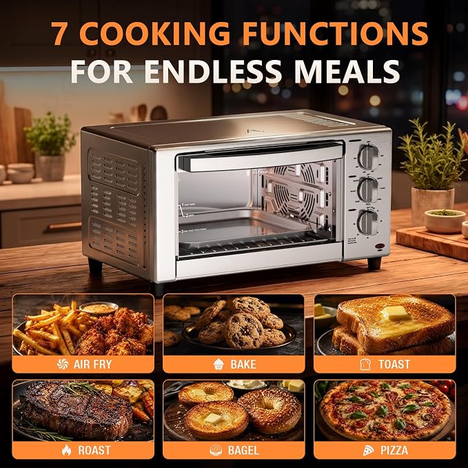 Electactic 2-in-1 Air Fryer Toaster Oven, 1500W Convection Countertop Oven with 7 Cooking Functions, Mechanical Knob Control, 200-450°F Temperature Range, 4 Accessories Included for Toast, Pizza