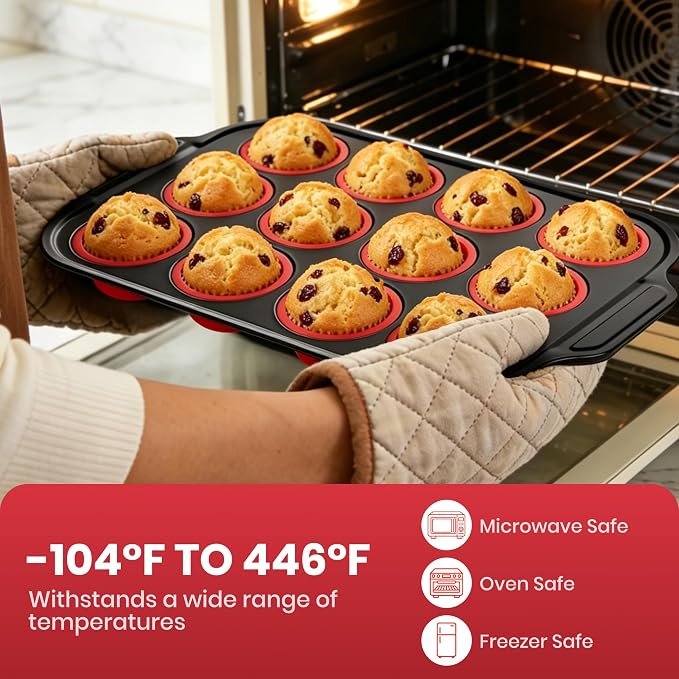 Silicone Muffin Pan for Baking with Metal Reinforced Frame - 12 Cups Regular Size Cupcake Pan Muffin Tins Egg Bite Molds - Nonstick, Easy to Pop, Bakeware for Oven, BPA Free (12-Cups Red)