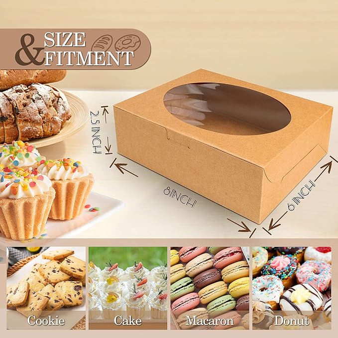 KPOSIYA 65 PCS 8x6x2.5 Inch Cookie Boxes with Window Brown Bakery Boxes Pastry Boxes for Gift Giving, Treat, Dessert, Cupcakes, Chocolate, Strawberries, Donuts, Muffins (5 Style Windows)
