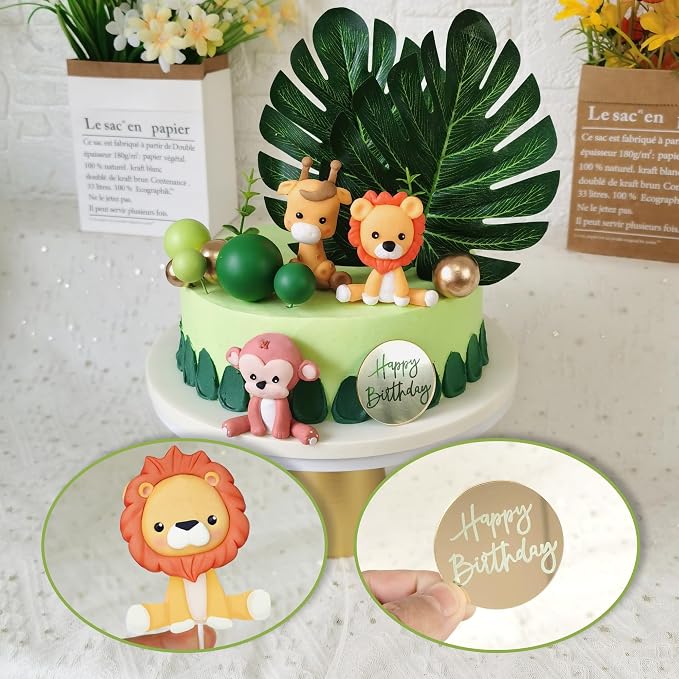 Jungle Safari Animal Cake Topper with Colourful Balls Plam Leaves Cake Decoration for Wild Theme Birthday Supplies (STYLE 3)