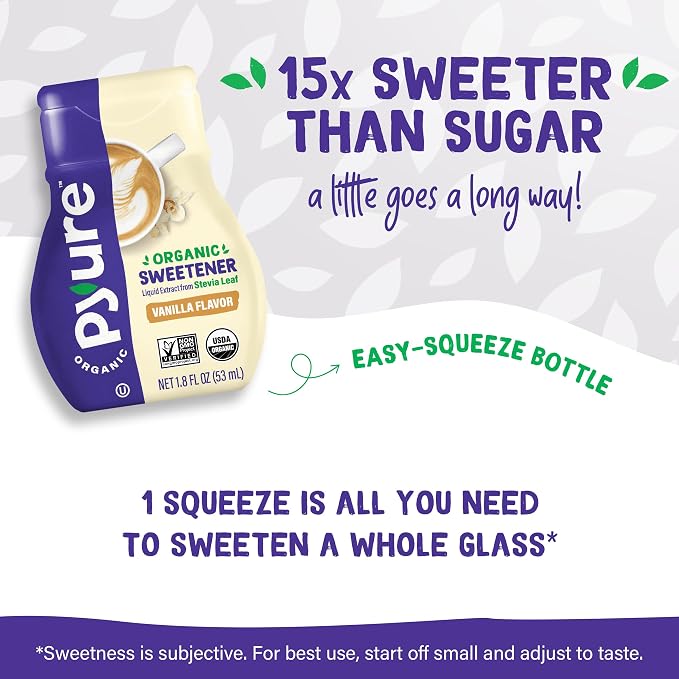 Pyure Organic Vanilla Stevia Liquid Sweetener | Sugar-Free Stevia Drops | Keto Sugar Substitute | Zero Calorie, Zero Carb, Zero Sugar | Liquid Sweetener for Coffee, Tea, Baking | 1.8 fl oz Bottle