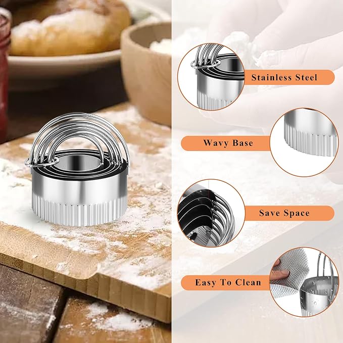 Round Biscuit Cutter Set - 5 Pcs Wave Cookie Cutters with Fluted Edge, Stainless Steel Cookie Shaper with Handle for Dough Cutting Baking Tools