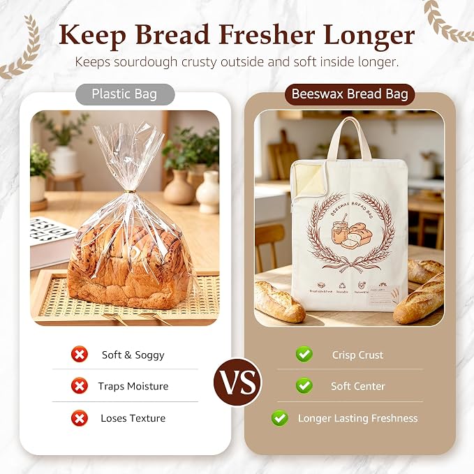 2 Pack Beeswax Bread Bags for Sourdough, 17x13 Inch Reusable Cotton Bread Storage Bags with Zipper and Handle Natural Beeswax Lining Freezer Friendly with 10 Food Labels Included (Wheat Wreath)
