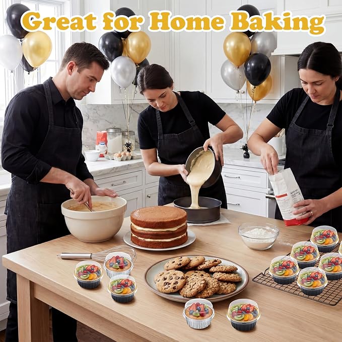 200 Pack Aluminum Foil Cupcake Liners with Lids, 5 oz Round Baking Cup, Disposable Ramekin Container for Graduation Wedding Independence Day Party(Black and Silver,Plain)