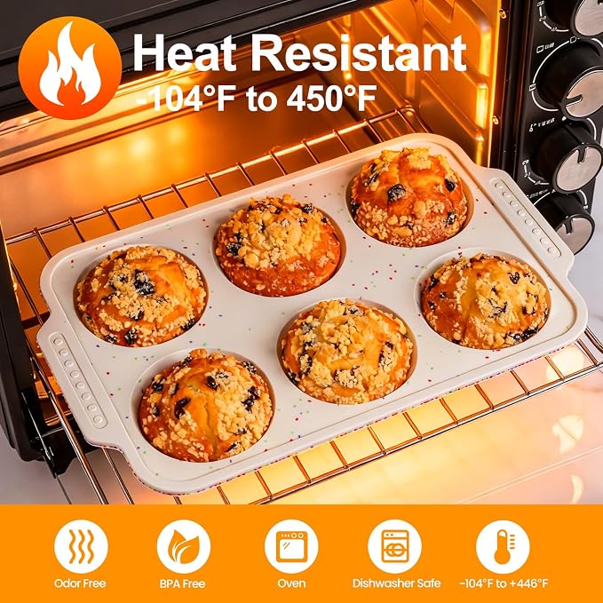 Vinino 2-Pack Silicone Jumbo Muffin Pan for Baking with Metal Reinforced Frame, 6 Cups Jumbo Cupcake Pan with Non-Slip Handle, Nonstick Muffin Tray for Oven, BPA Free, Dishwasher Safe