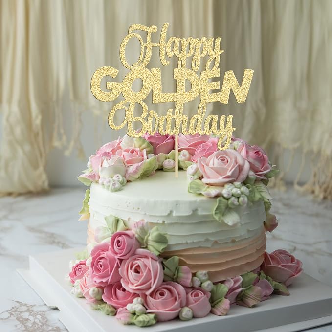 Gyufise 1Pc Happy Golden Birthday Cake Topper 1/10/15/18/21/25/30/40/100th Birthday Cake Topper 50/60/70/80/90th Decorations Golden Party Decorations