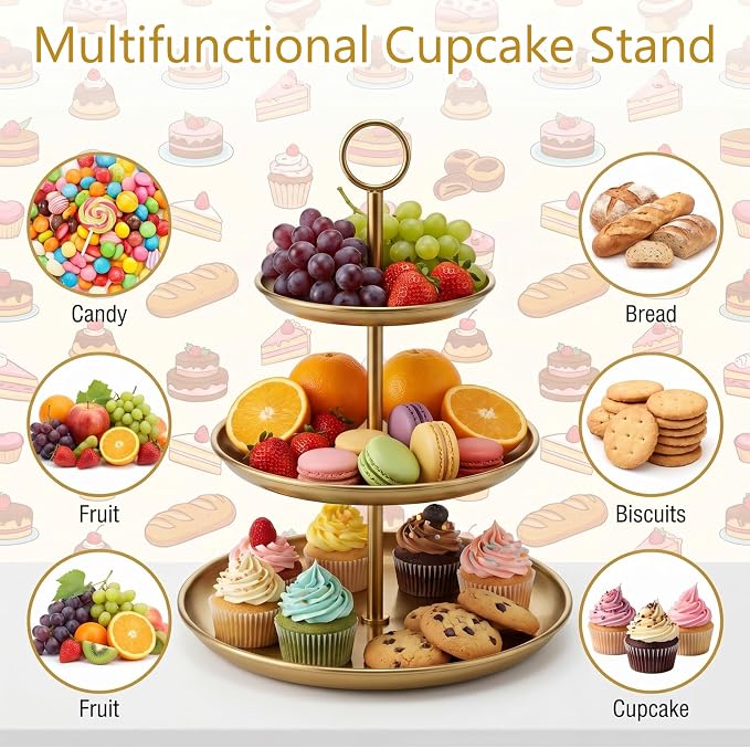 2 Pack Gold Cupcake Stand 3 Tier Stainless Steel Tiered Dessert Stand Display Tower for Wedding Birthday Party Baby Shower Festive Decor