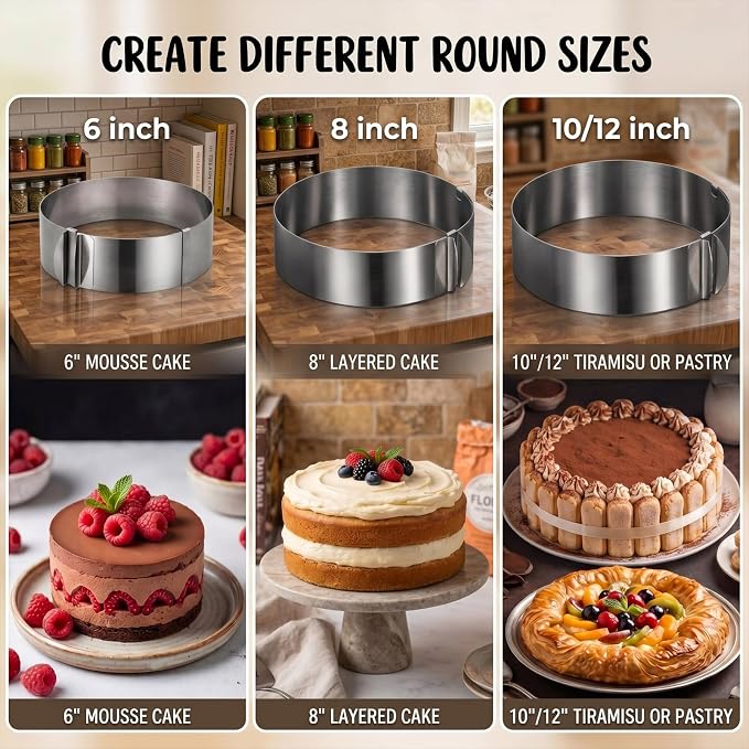 Amylove 1 Pcs Adjustable 6-12 Inch Round Cookie Cutter, Circle Cookie Cutter Stainless Steel Round Cake Trimmer for Baking Kit Mousse Layered Cake Biscuit Food Tiramisu Pastry