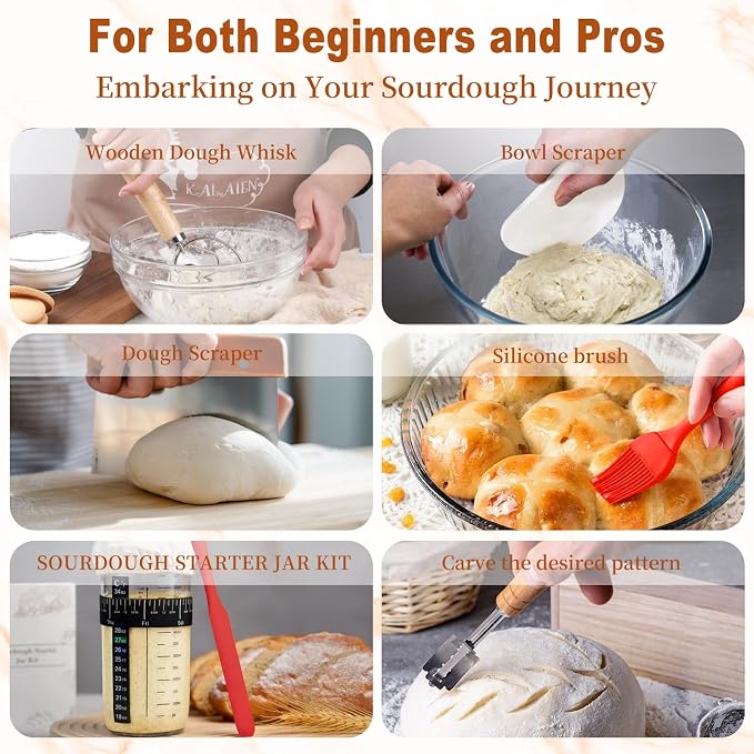 Sourdough Starter Kit with Banneton Bread Proofing Basket, 9” Round Banneton with Liner, 24 oz Starter Jar, Bread Lame, Dough Whisk & Sourdough Baking Supplies
