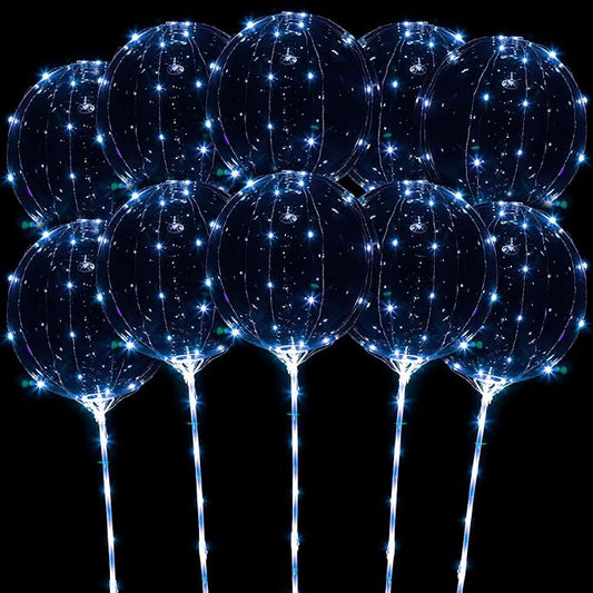 LED Balloons Light Up, 10 Pack LED Balloons with Sticks, 20 Inch Clear Bobo Balloon with Lights Helium Glow Bubble Lights for Party Supplies Valentines Decor (Blue)