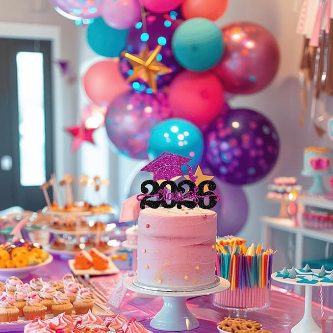1 Pack Class of 2026 Cake Topper Glitter Congrats Grad Cap 2026 Graduation Cake Pick for 2026 Graduation Theme High School Boys Girls Graduate Party Cake Decorations Supplies Black Purple