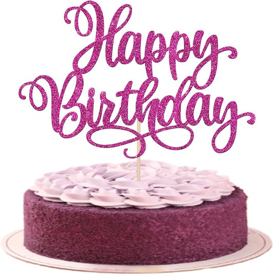 1 PCS Happy Birthday Cake Topper Glitter Happy Birthday Cake Pick for Celebrating Happy Anniversary Party Cake Decorations Supplies Rose Red
