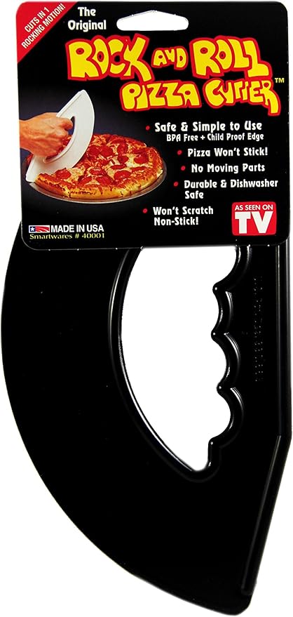 Rock'n Roll Pizza Cutter, Plastic, Non-Stick, Rocking, 9 inch, Easy to Clean, Dishwasher Safe, Handheld Pizza Slicer, Easier Slicing Tool, Baking Tools, Pastry Bread Cutting knife, Made in USA, Black
