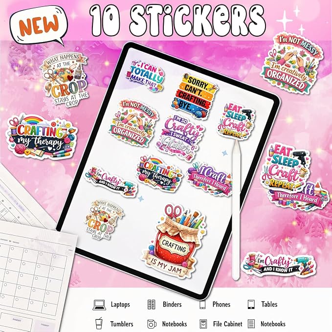 10pcs Crafting Stickers Gifts for Crafters Creative Women Multiple Different Design, Waterproof UV-Resistant for Water Bottle, Laptop, Window, Car