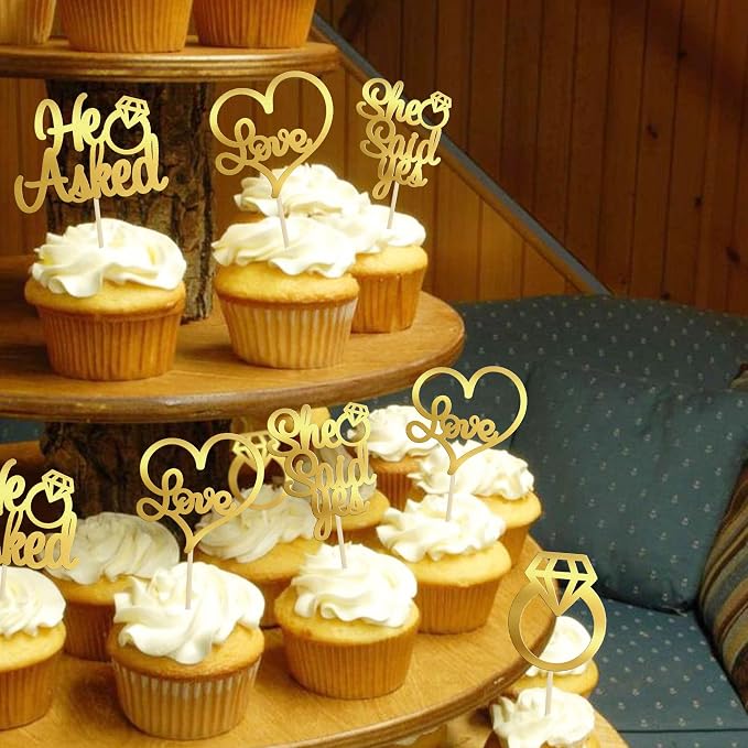 Gyufise 24 Pack Light Gold Glitter He Asked She Said Yes Cupcake Toppers Diamond Ring Heart Love Cake Picks for Wedding Engagement Party Cake Decorations