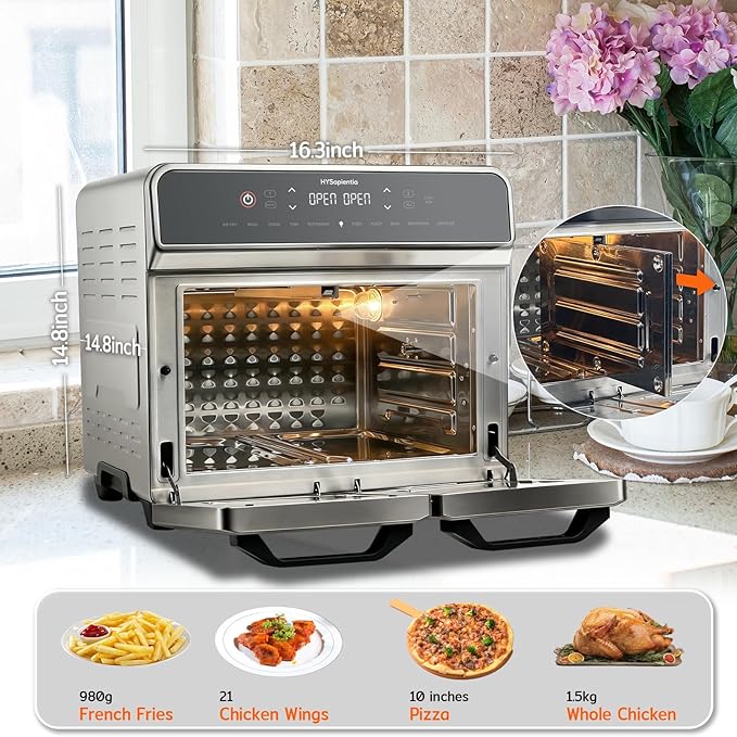 HYSapientia Dual Zone Air Fryer Toaster Oven Combo,10-in-1 Inner and outer Stainless Steel Air Fryer with Rotisserie,24QT Extra Large Countertop Convection Oven,13 Accessories,Even Heating