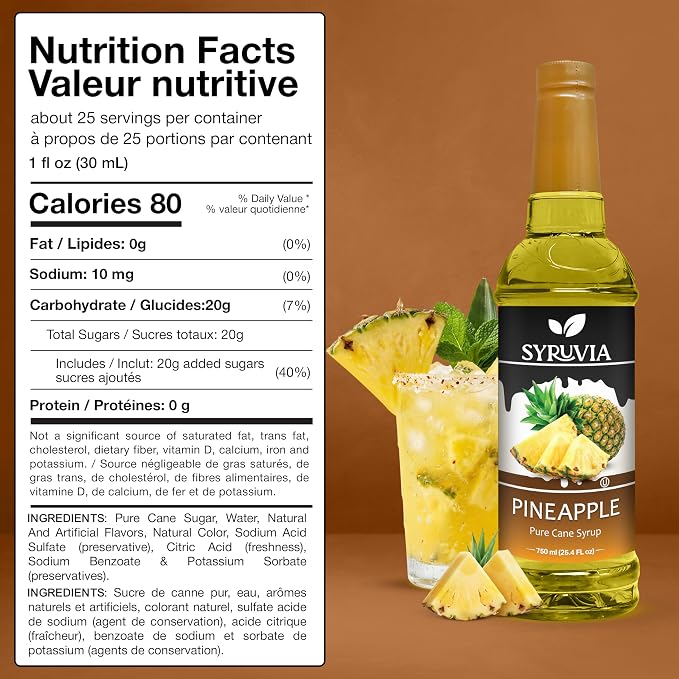 Syruvia Pineapple Syrup, Flavored Syrup for Cocktails, Fruit Drinks, Lemonades, and Desserts – 25.4 fl oz - with Pump