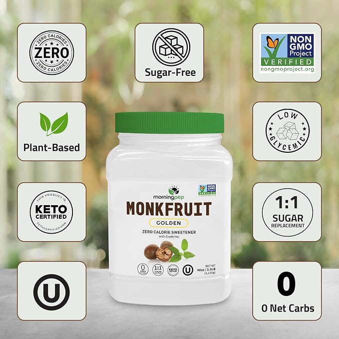 Morning Pep Monk Fruit Sweetener, golden Sugar Substitute, 2.5 lb, Keto Friendly, 1:1 Sugar Replacement, Zero Calorie, Non-GMO, Kosher, Golden - 2.5 lb