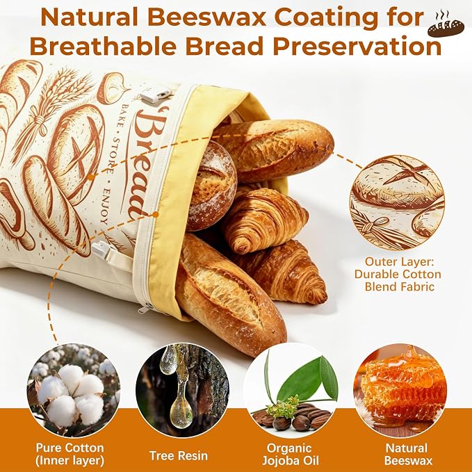 Beeswax Linen Bread Bags with Zipper & Buckle Closure, 2 Pack XL | Reusable beeswax linen bags. Preserve freshness and texture of sourdough and artisan loaves for daily storage.