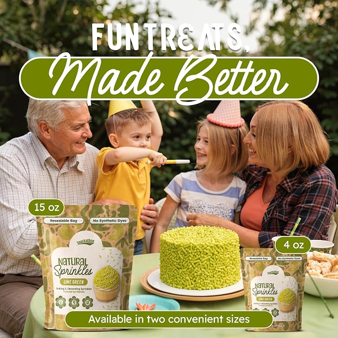 Snackathon Natural Sprinkles for Baking & Decorating, Dye-Free Green Sprinkles, 15 oz Bulk Jimmies in Resealable Bag - Naturally Colored, No Artificial Dyes, Gluten-free for Cakes, Cupcakes & Ice Cream