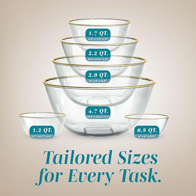 COOK WITH COLOR 12 Pc Glass Mixing Bowl Set with Lids – Borosilicate Glass Nesting Bowls for Cooking, Baking and Meal Prep, Gold Rim