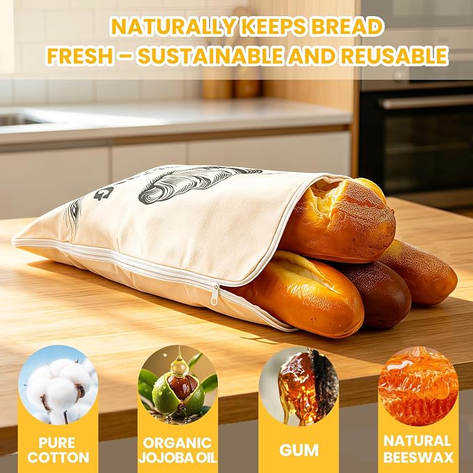 2 Pack Wide Zipper Access Beeswax Bread Bags for Sourdough Bread, Reusable Organic Linen Beeswax Bread Bag for Homemade Sourdough for Homemade Bag to Keep Fresh Longer, Kitchen Storage (Beige)