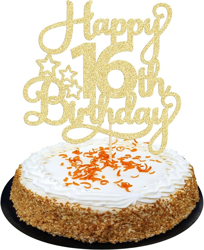 1 Pack Happy 16th Birthday Cake Topper Glitter Sweet 16 Cake Pick Birthday 16th Birthday Cake Decorations for Children 16th Theme Party Supplies Gold
