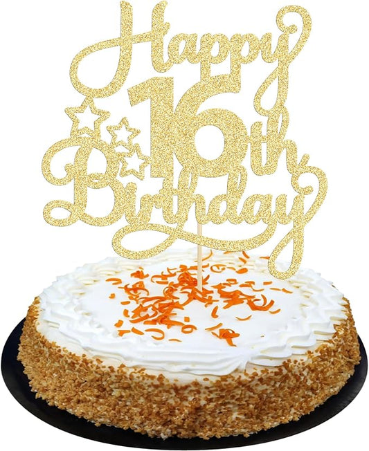 1 Pack Happy 16th Birthday Cake Topper Glitter Sweet 16 Cake Pick Birthday 16th Birthday Cake Decorations for Children 16th Theme Party Supplies Gold