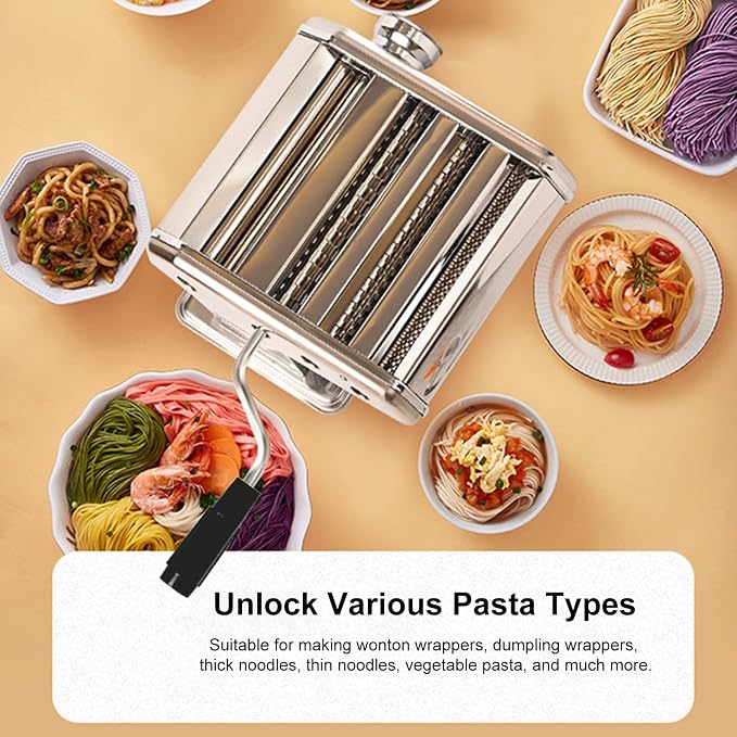 Home Manual Dough Presser, Stainless Steel Noodle Maker Machine, Dumpling Wrapper Press with 6-Thickness Settings (0.6-4.8mm), 3 Noodle Widths (2mm/6mm/9mm), Noodle Cutter for Kitchen