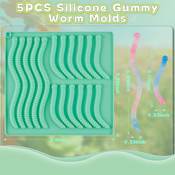 5PCS Silicone Gummy Worm Molds,Worm Gummy Candy Mold,Non-Stick Worm Candy Mold with 2 Droppers for Convenient Filling,Gummy,Candy，Chocolate,85Cavity