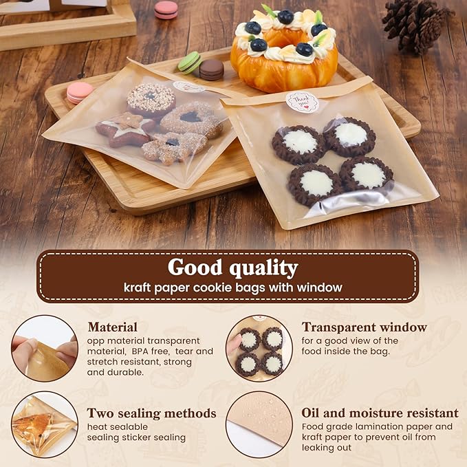 HONKID 100 Pack Cookie Packaging Bags With Seal Stickers,7.1x7.5 Inch Food-Grade Bakery Bags With Window, Heat Sealable Paper Cookie Sleeves for Homemade, Sandwich, Cookies, Cakes, Brown, Donut