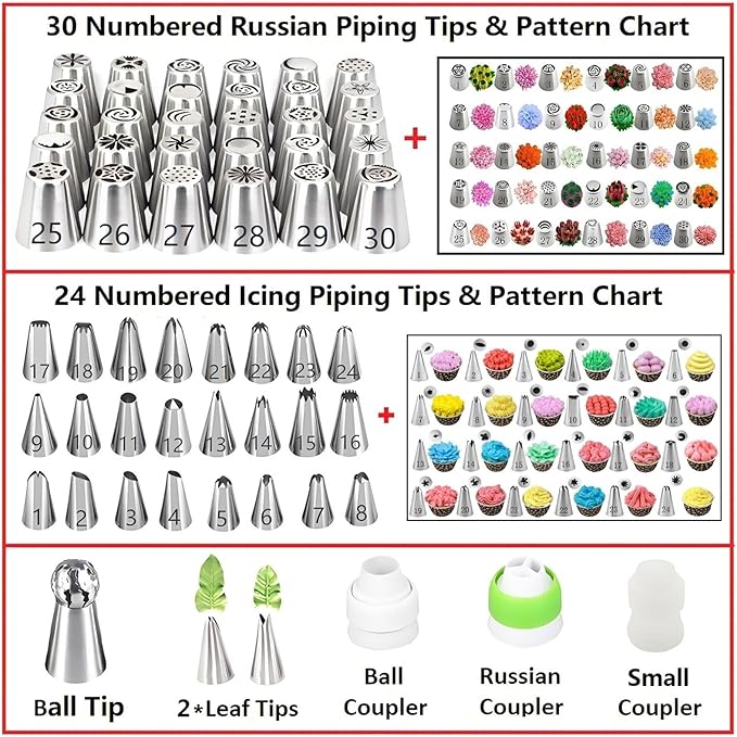 ANSLYQA Russian Piping Tips Set, 166 Pcs Baking Tools | 30 Numbered Russian Tips, 24 Numbered Icing Tips, 1 Ball Tip, 2 Leaf Tips, 100 Pastry Bags & More for Cake Cupcake Decorating
