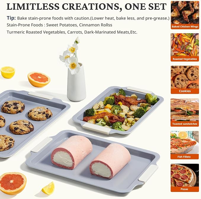 BRONYPRO Non Stick Ceramic Baking Sheet Pan Set of 3, Non Toxic Cookie Sheets (PFAS/PFOA/PTFE Free), Aluminized Steel Oven Trays with Silicone Handles, Rust-Resistant, Warp-Resistant to 500°F, Cream