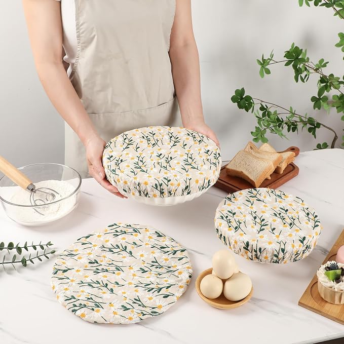 Reusable Bowl Covers for Bread Proofing Baking Embroidered Daisy Linen Cotton Cloth Fabric Washable with Elastic Cover for Food Fruit Salad Eco-friendly (Beige Daisy Field)