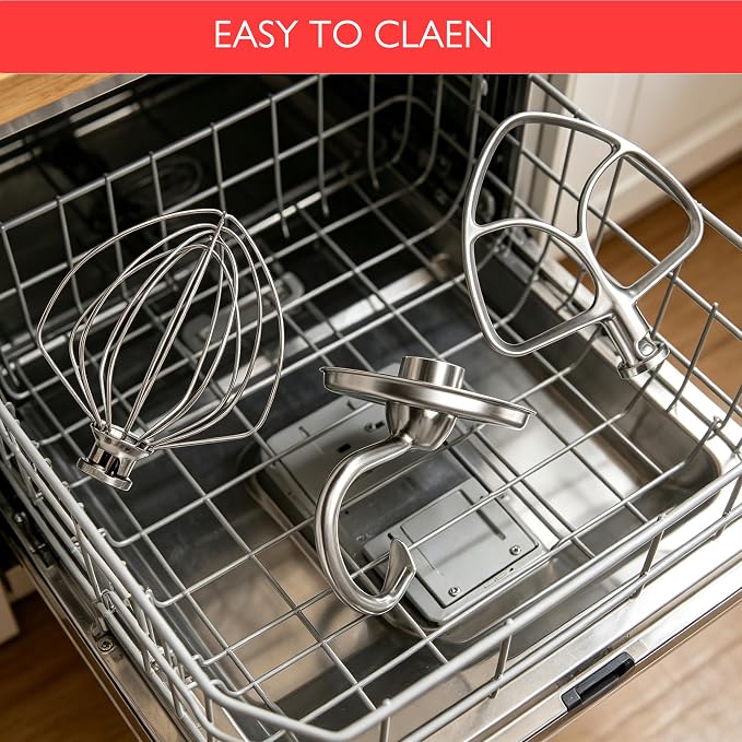 Stainless Steel Mixer Accessories Compatible with KitchenAid 4.5-5 Qt Tilt-Head, Heavy Duty Flat Beater, Dough Hook & 6 Wire Whisk, Fits KSM150, KSM45, KSM90, Dishwasher Safe Replacement Parts