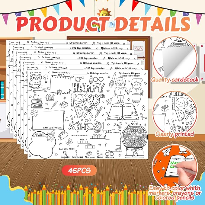 45pcs 100th Day of School for Kids Disposable Coloring Poster 100 Days Gifts School Classroom Activities Paper Table Mats Bulletin Board Decor